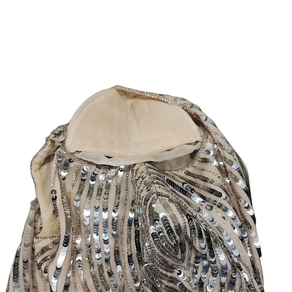 Judith Ann Creations Dress XS Women Silver Sequin Silk Long Sleeve Midi Vtg READ